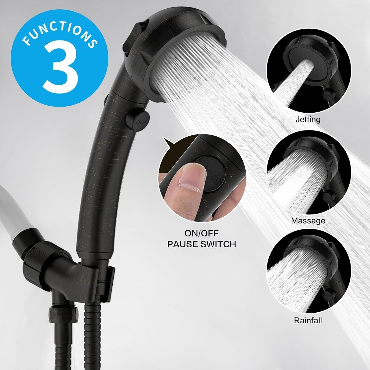 3-Mode Handheld Shower Head with Adjustable Bracket in Oil-Rubbed Bronze Finish