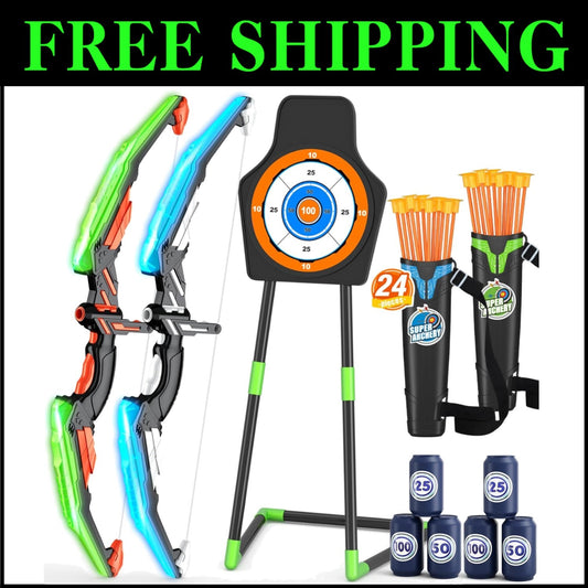 Fun and Safe LED Light Bow and Arrow Set - 2 Packs for Ages 4-8 with Targets