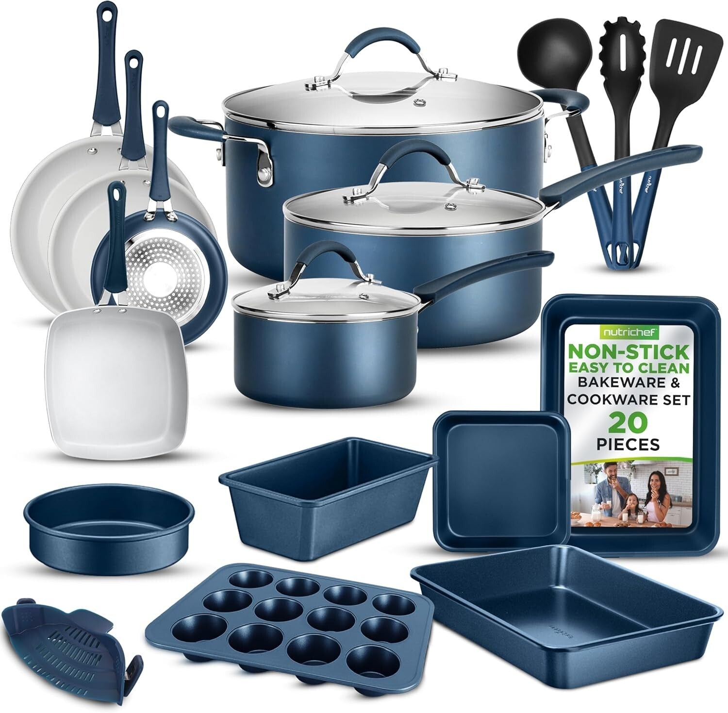 Durable 20-Piece Navy Kitchen Cookware Set - Induction Ready and Dishwasher Safe