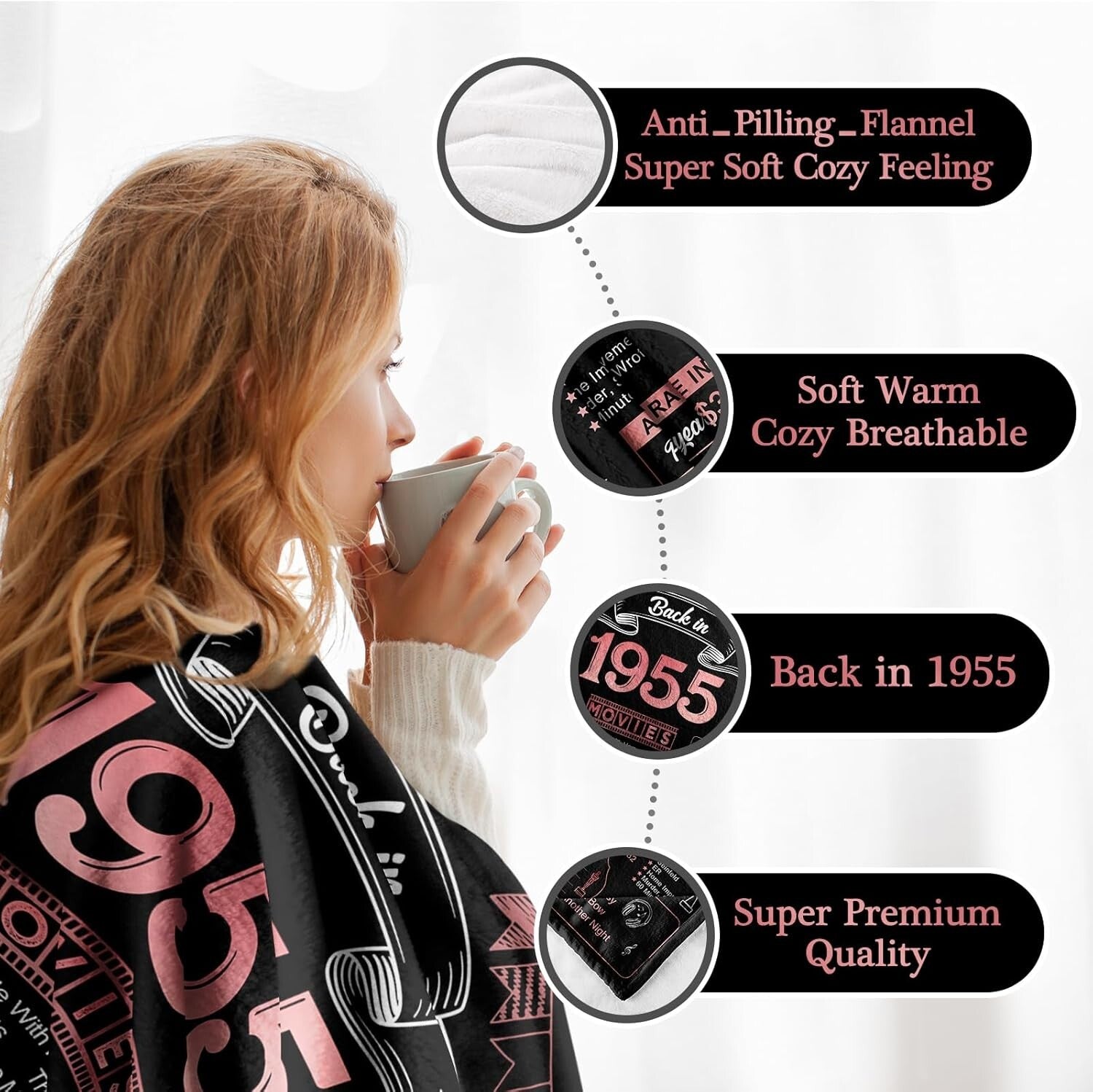 Back in 1955 Throw Blanket - Elegant 70th Birthday Gift for Women, 60x50 Size