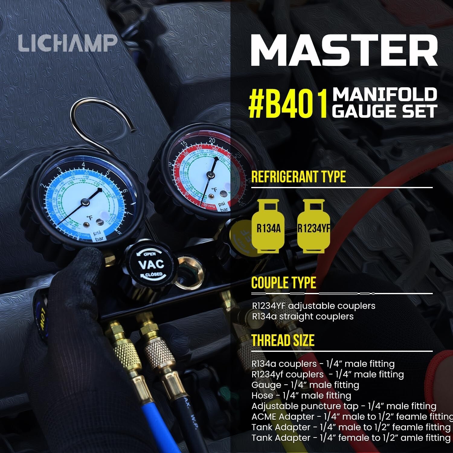 User-Friendly 4 Valve AC Gauge Set for R1234YF/R134A - Efficient Diagnostics