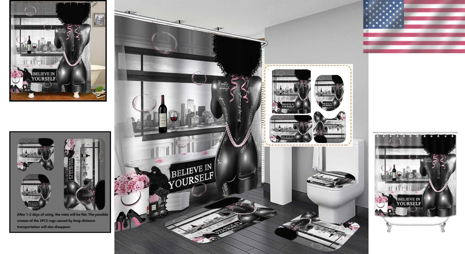 4PCS African American Shower Curtain & Rug Set - Inspiring 'I Am Enough' Design