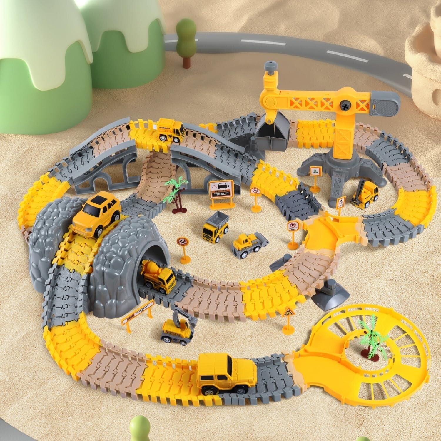 Flexible Race Track Set with Construction Vehicles - Safe for Kids 3-6 Years