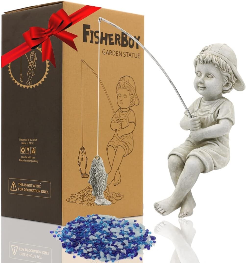 11-Inch Handcrafted Fisherboy Statue with Glow Pebbles - Perfect Garden Decor