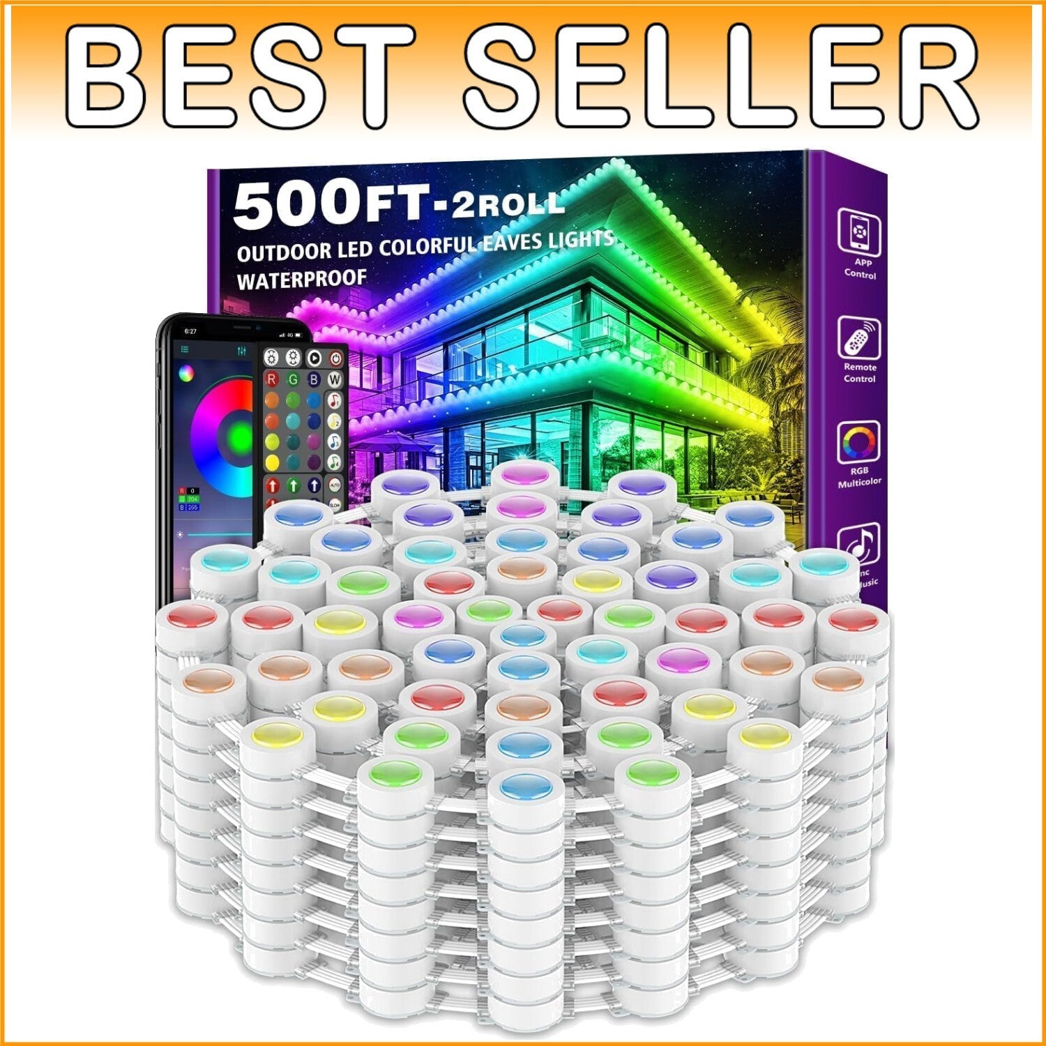 500FT Premium Outdoor RGB Lights with Bluetooth App & Music Sync - All Seasons