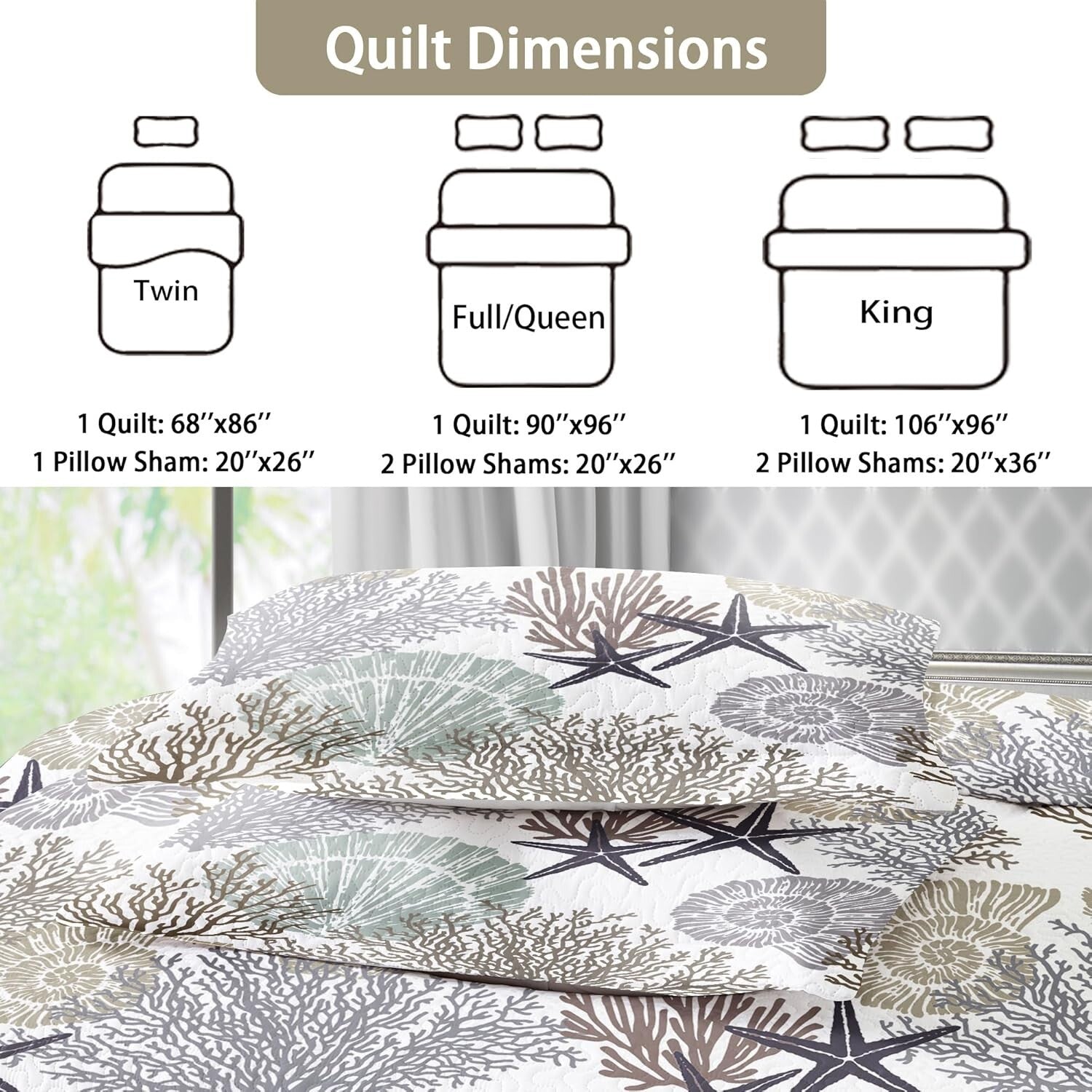 Reversible Beach-Themed Quilt Set - Full/Queen with 2 Shams, All-Season Comfort