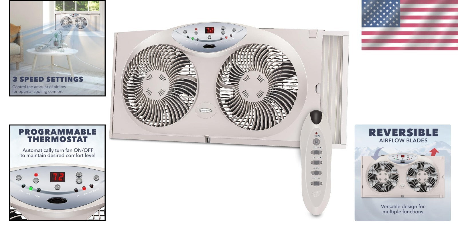 Bionaire Reversible Window Fan with Programmable Thermostat - Quiet Comfort