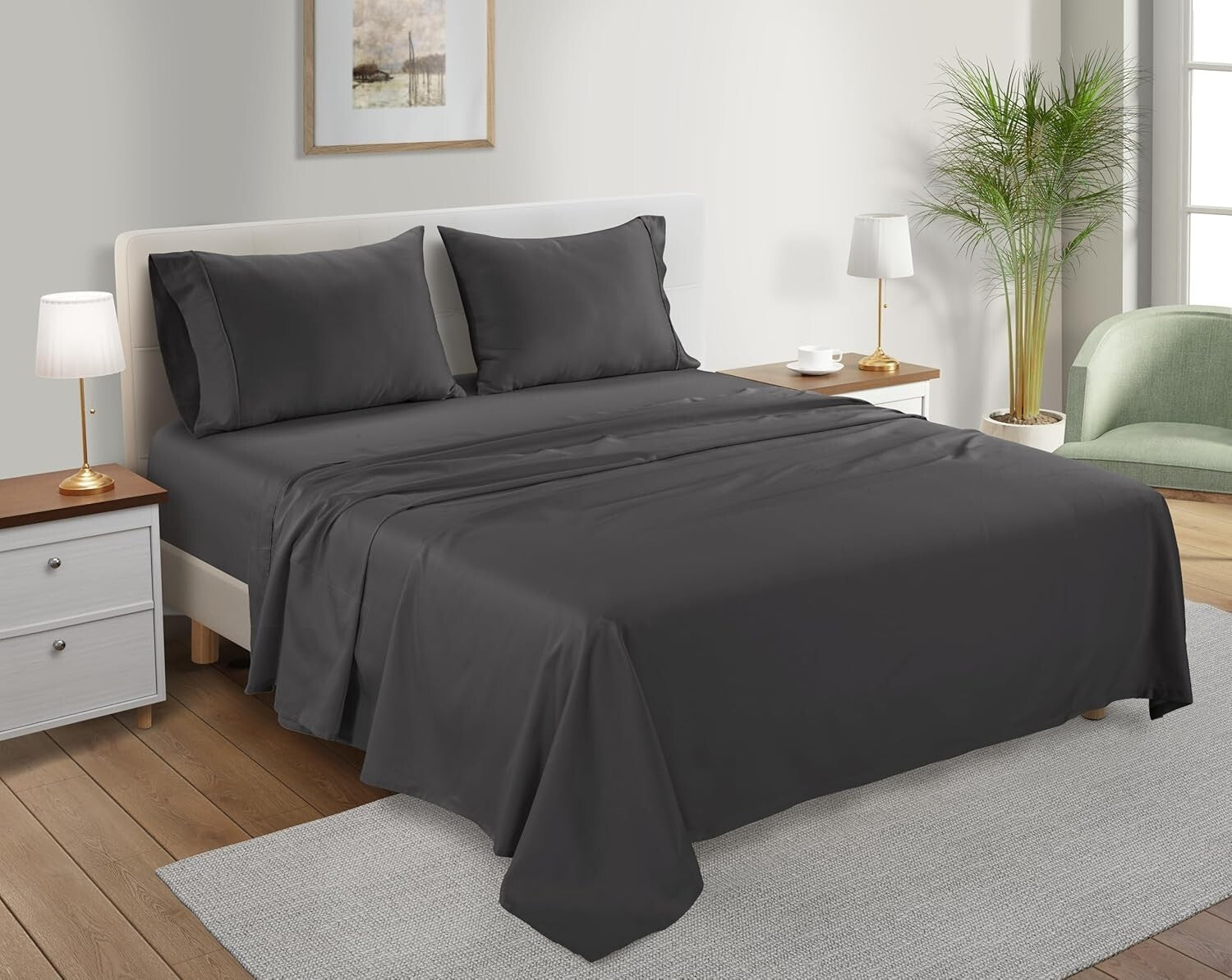 300 Thread Count Sateen King Sheet Set - Soft, Cooling & Hypoallergenic Charcoal