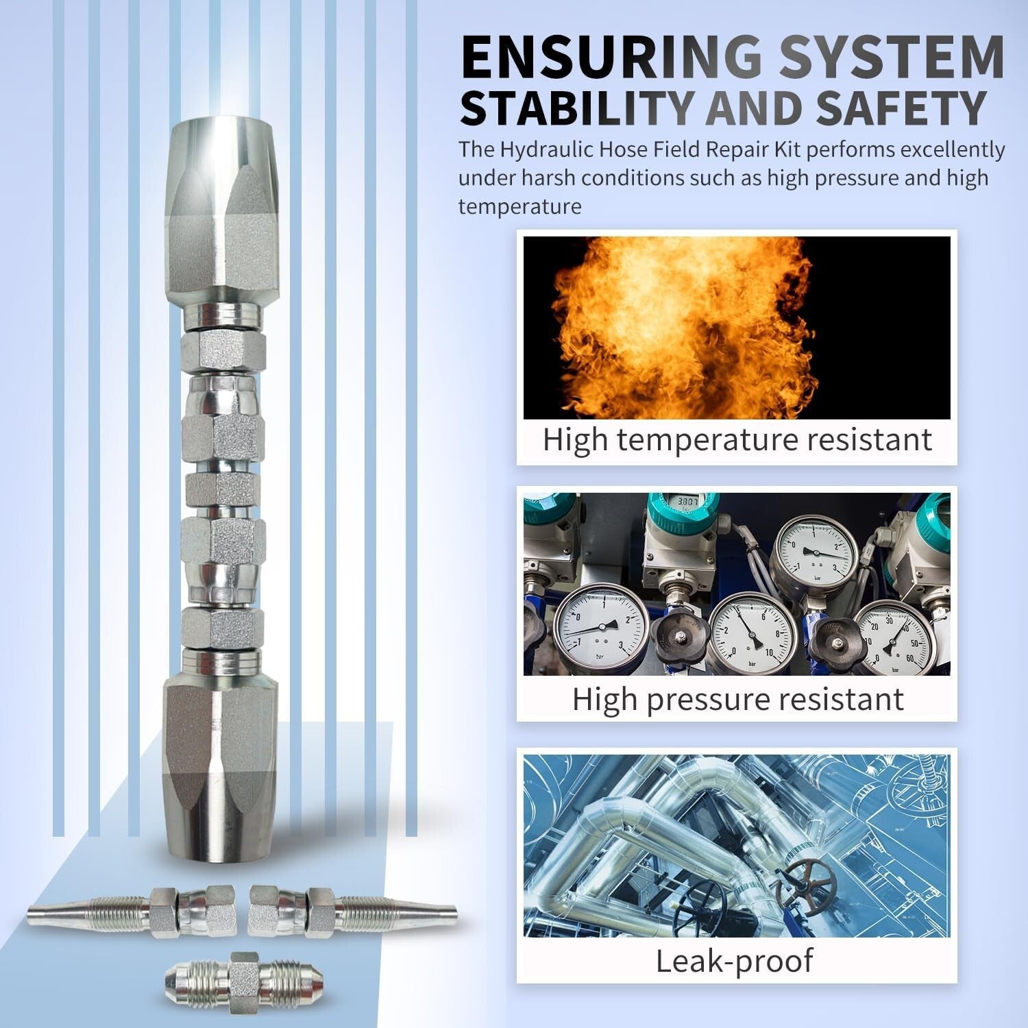 Corrosion-Resistant Hydraulic Hose Repair Set (1/4", 3/8", 1/2") for 4000 PSI