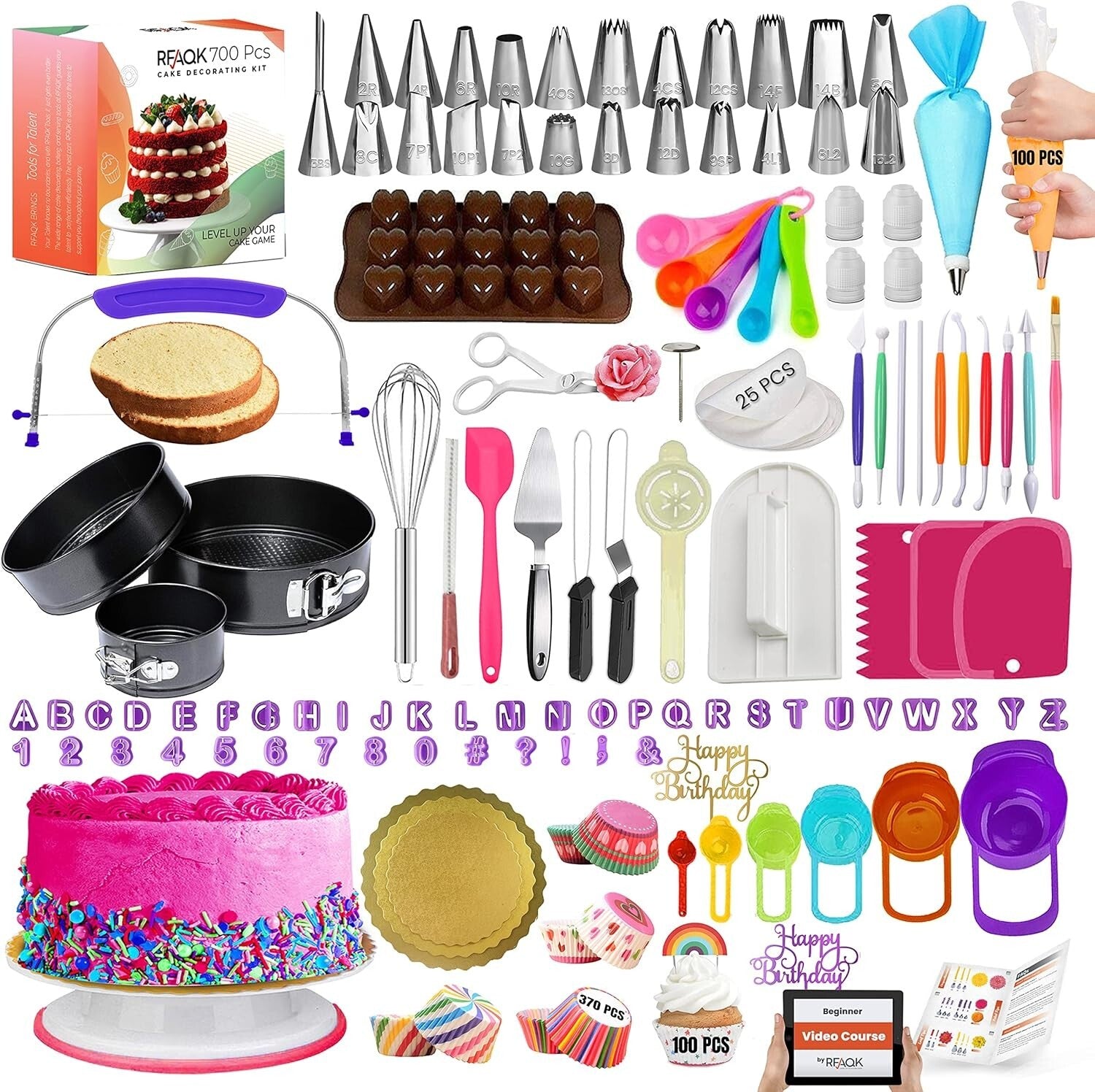 Deluxe Cake Decorating Essentials with 700 Pcs - Turntable & Multiple Tools