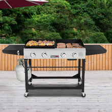 Load image into Gallery viewer, Stylish Black Propane Grill and Griddle Combo with Folding Legs and Side Tables