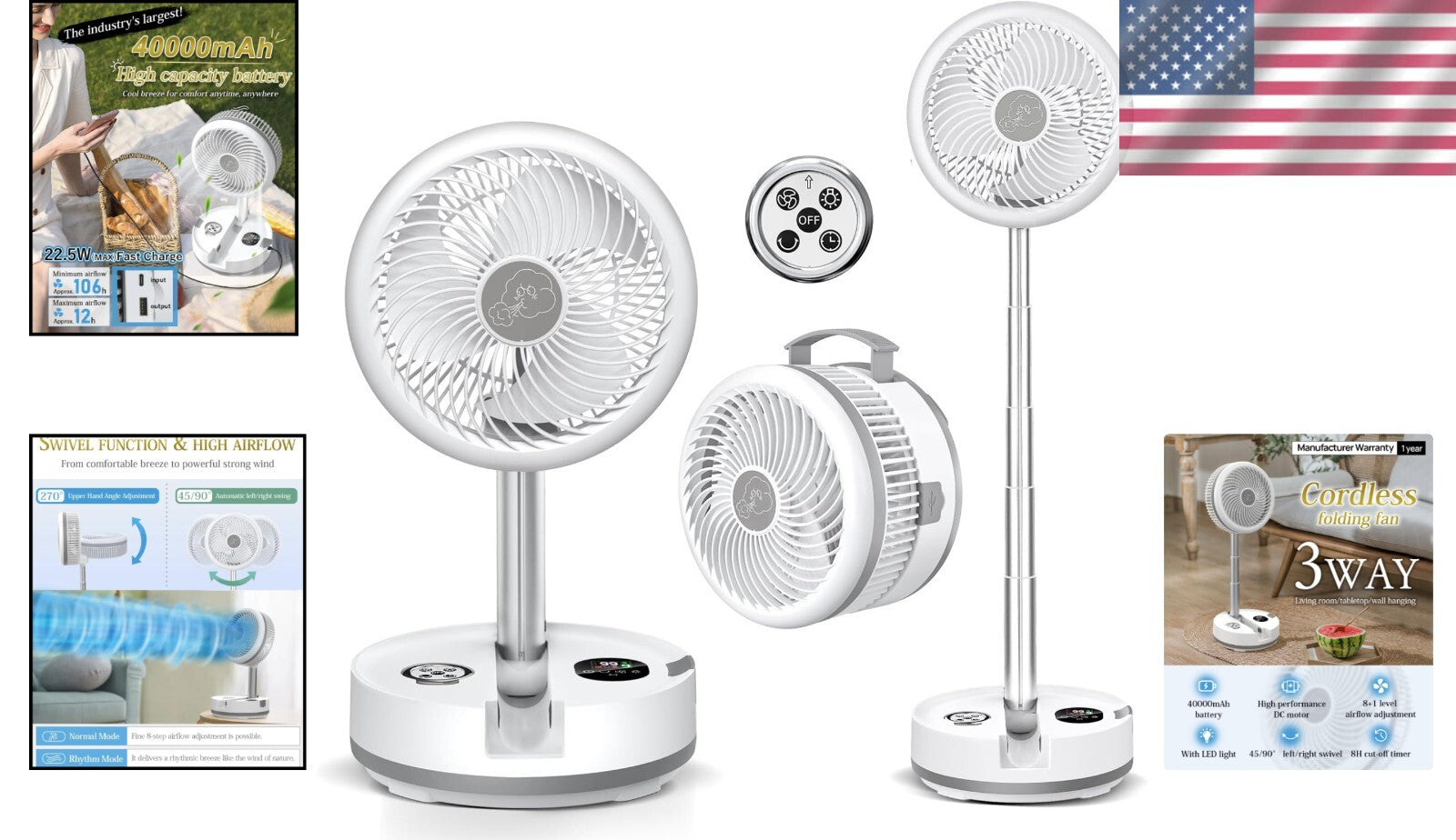 10-Inch Oscillating Portable Fan with Remote, LED Lights & 114HR Battery Life