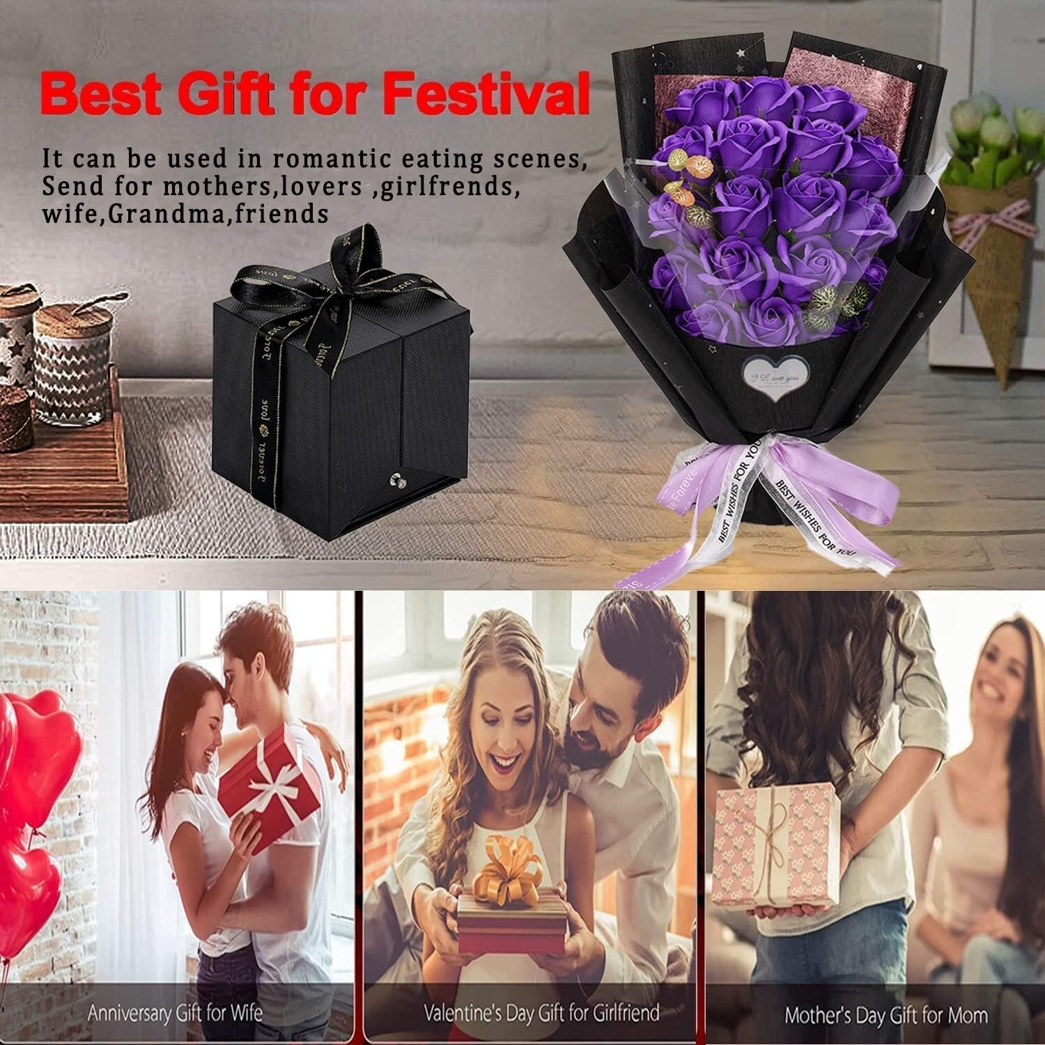 Artificial Purple Roses with Gift Box & Necklace - Perfect Mother's Day Gift