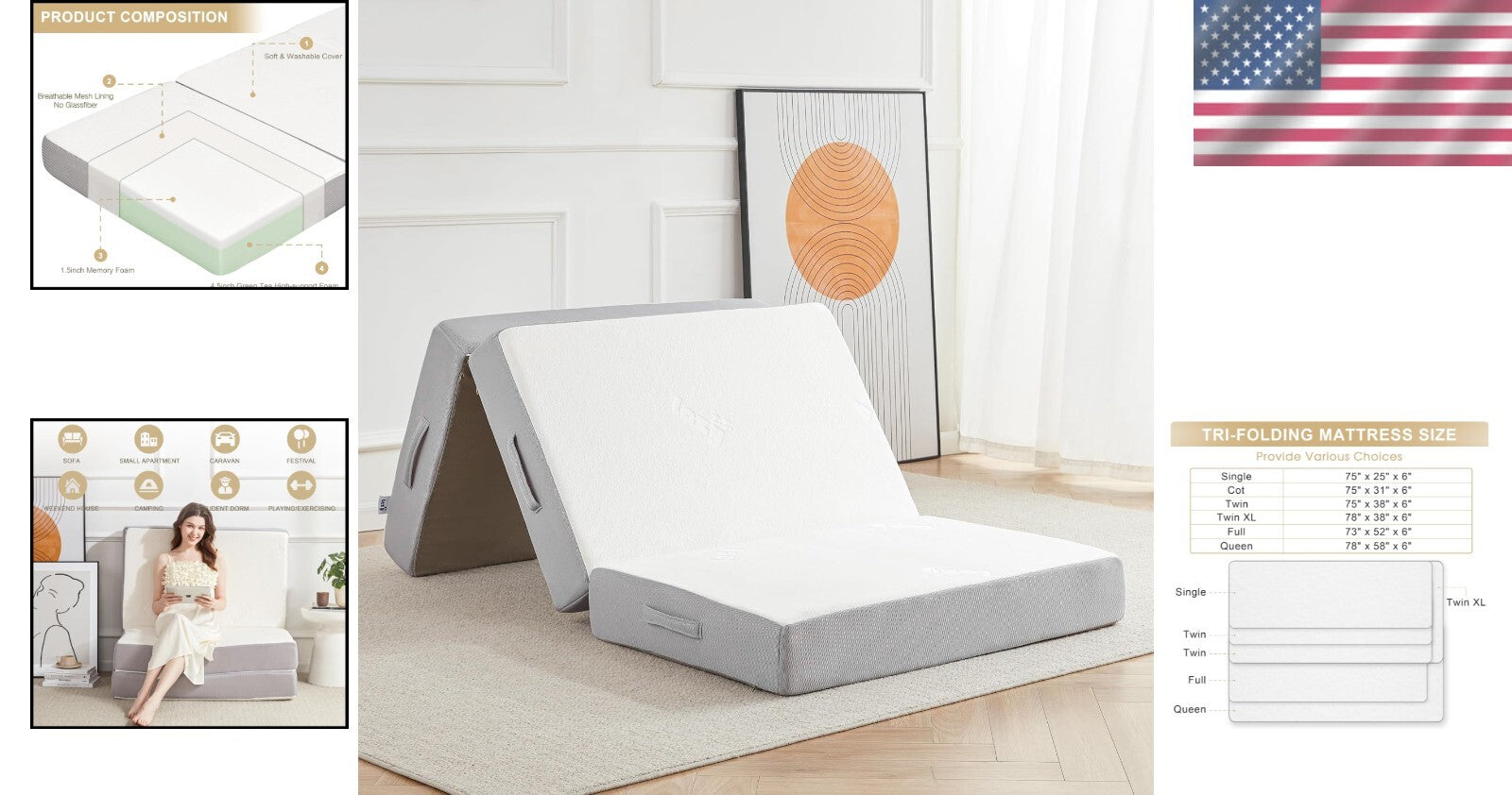 Comfortable 6-Inch Bamboo Memory Foam Mattress - Foldable & Easy to Carry