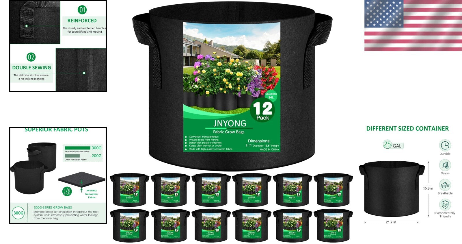 12-Pack of Breathable 25 Gallon Grow Bags with Sturdy Handles for Easy Mobility