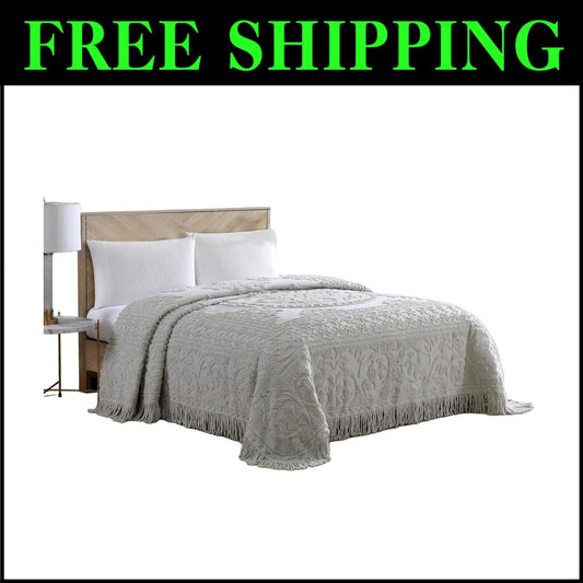 Traditional Gray Chenille Bedspread with Medallion Design for King Beds