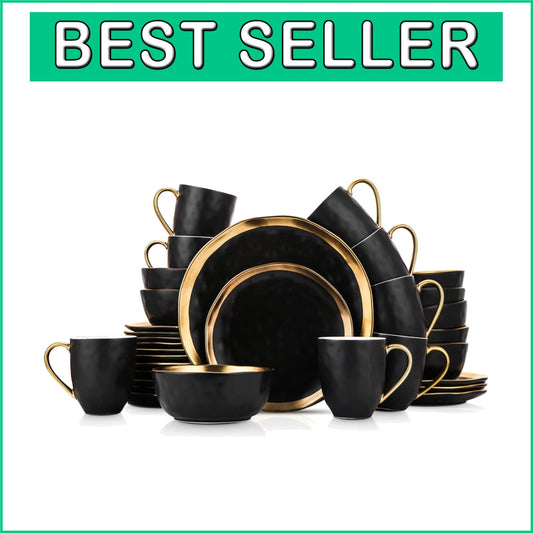 Sophisticated Gold-Accented Black Porcelain Dish Set, Service for 8 - Florian