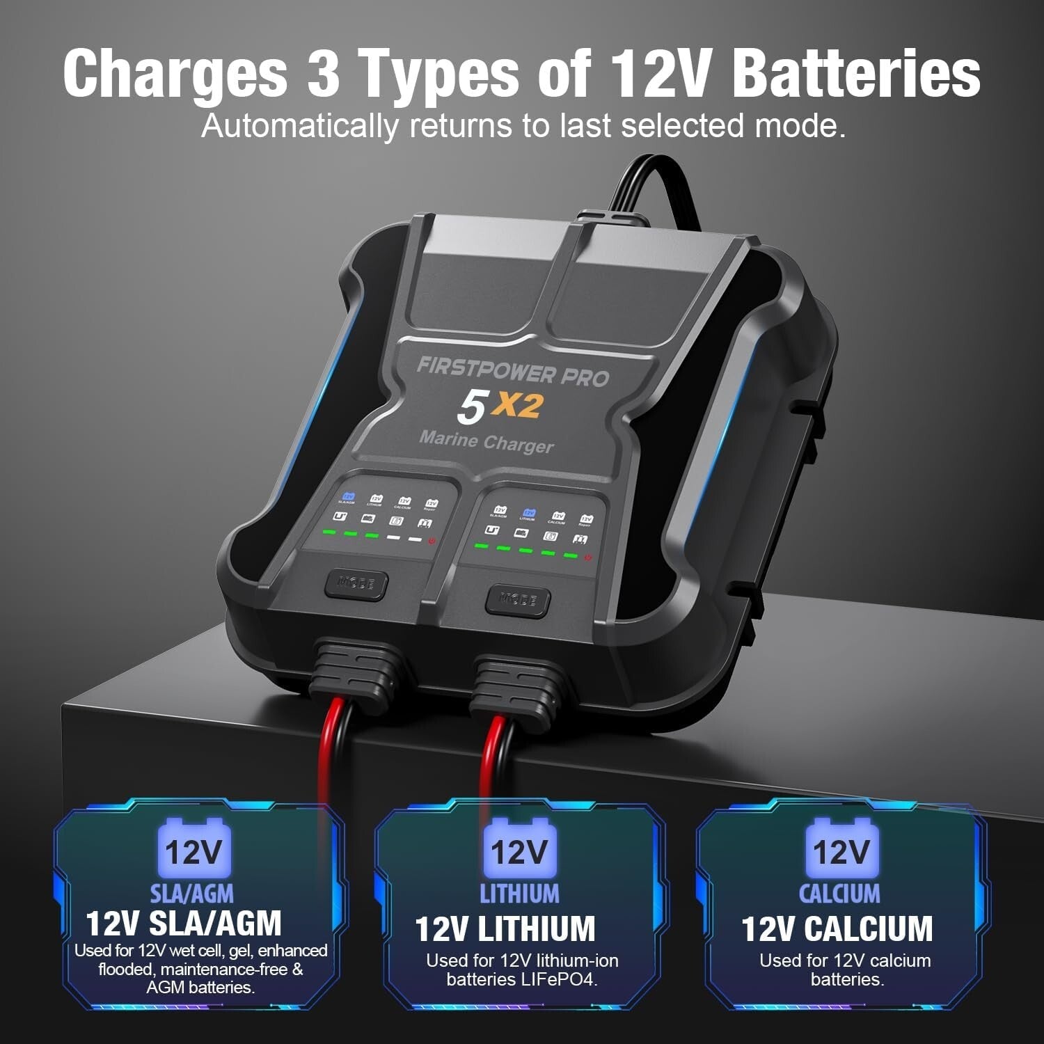 IP68 Onboard Battery Charger - 2-Bank, 10A for SLA/Lithium & Calcium Batteries