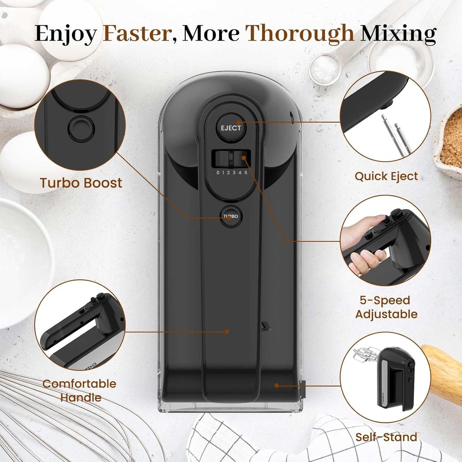 800W 5-Speed Electric Hand Mixer with Turbo and 6 Stainless Steel Attachments