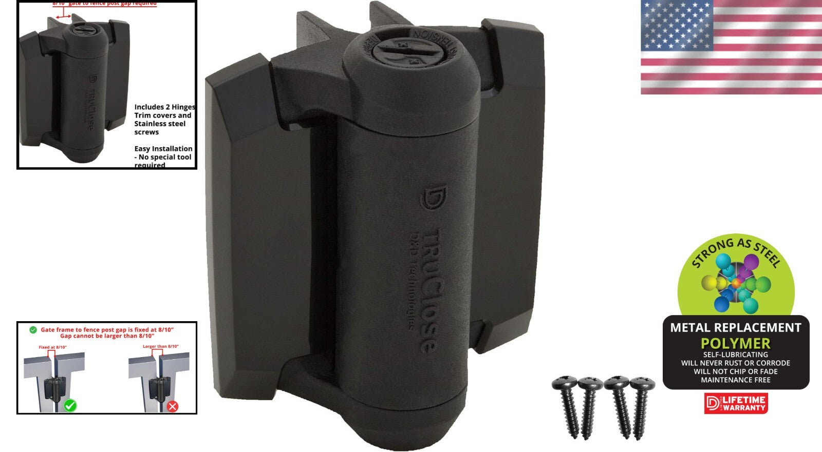 Durable Self-Closing Gate Hinges with Tension Adjustment - Pool Safety Black