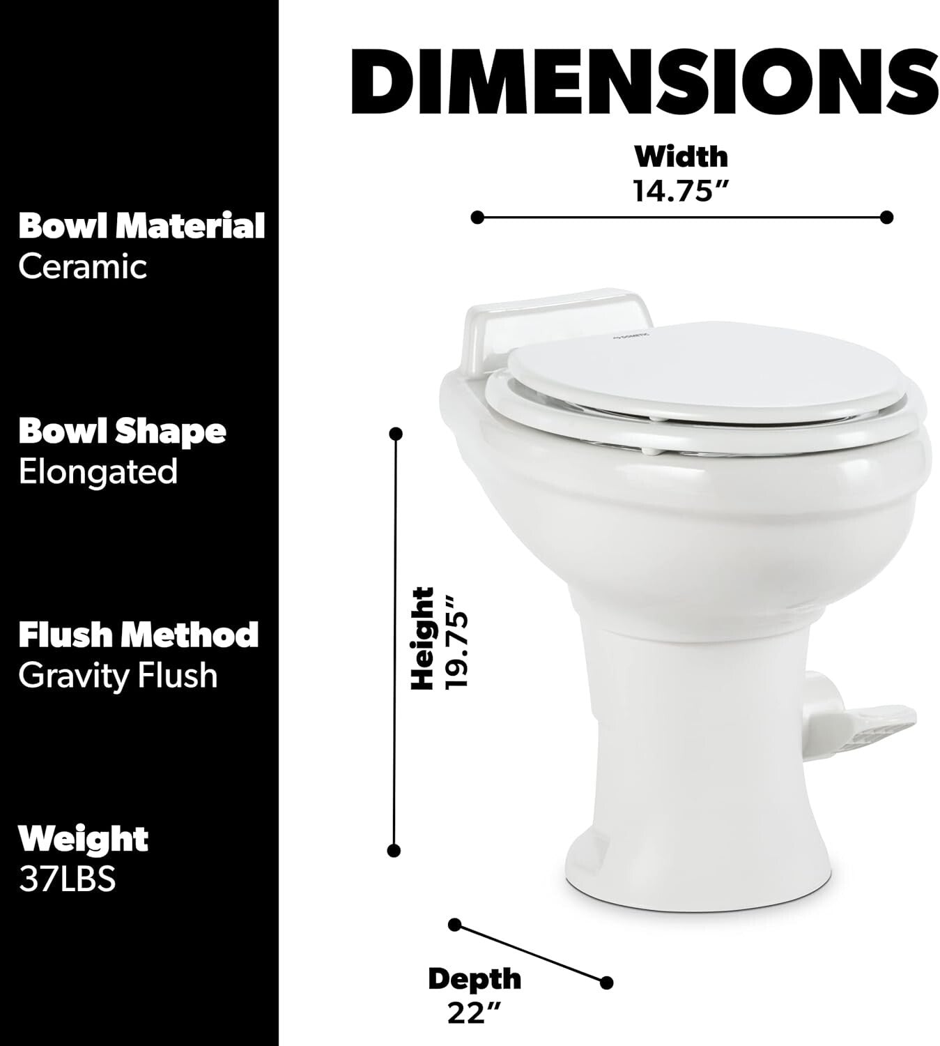 320 Series Standard Height RV Toilet - Water-Efficient Ceramic Design