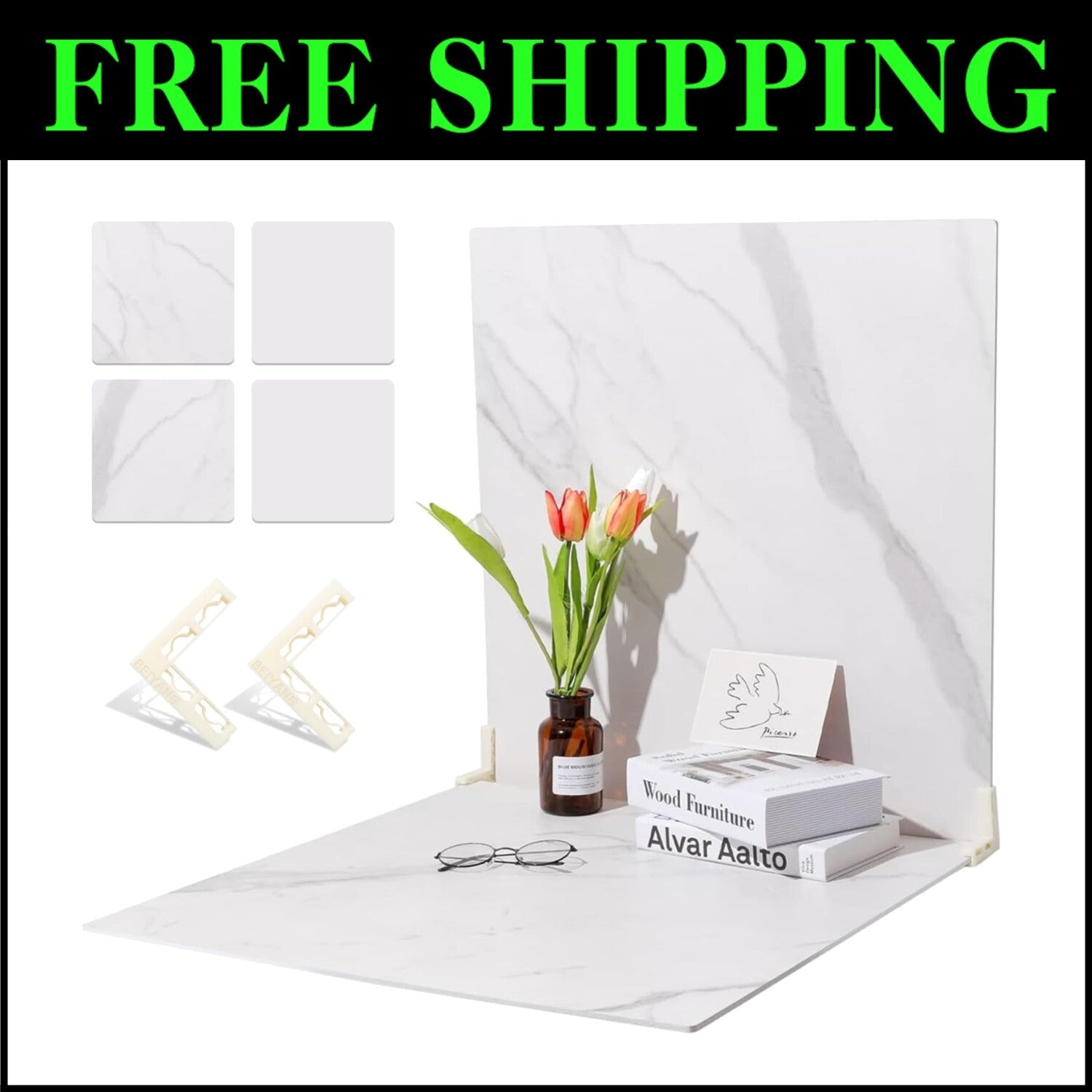 Versatile Marble and White Photography Backdrop Boards with Brackets - 2 PCS Set