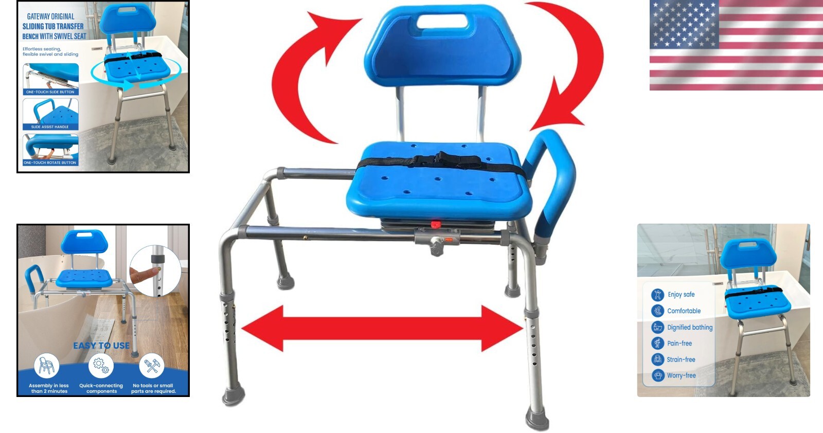 Premium Padded Blue Sliding Bath Transfer Bench with Swivel Seat & Safety Handle