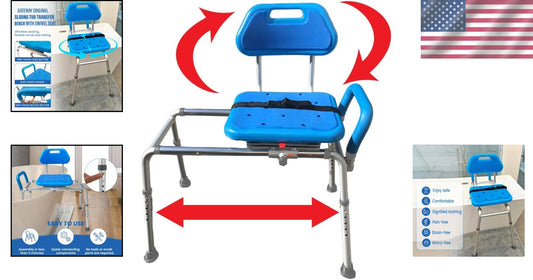 Premium Padded Blue Sliding Bath Transfer Bench with Swivel Seat & Safety Handle