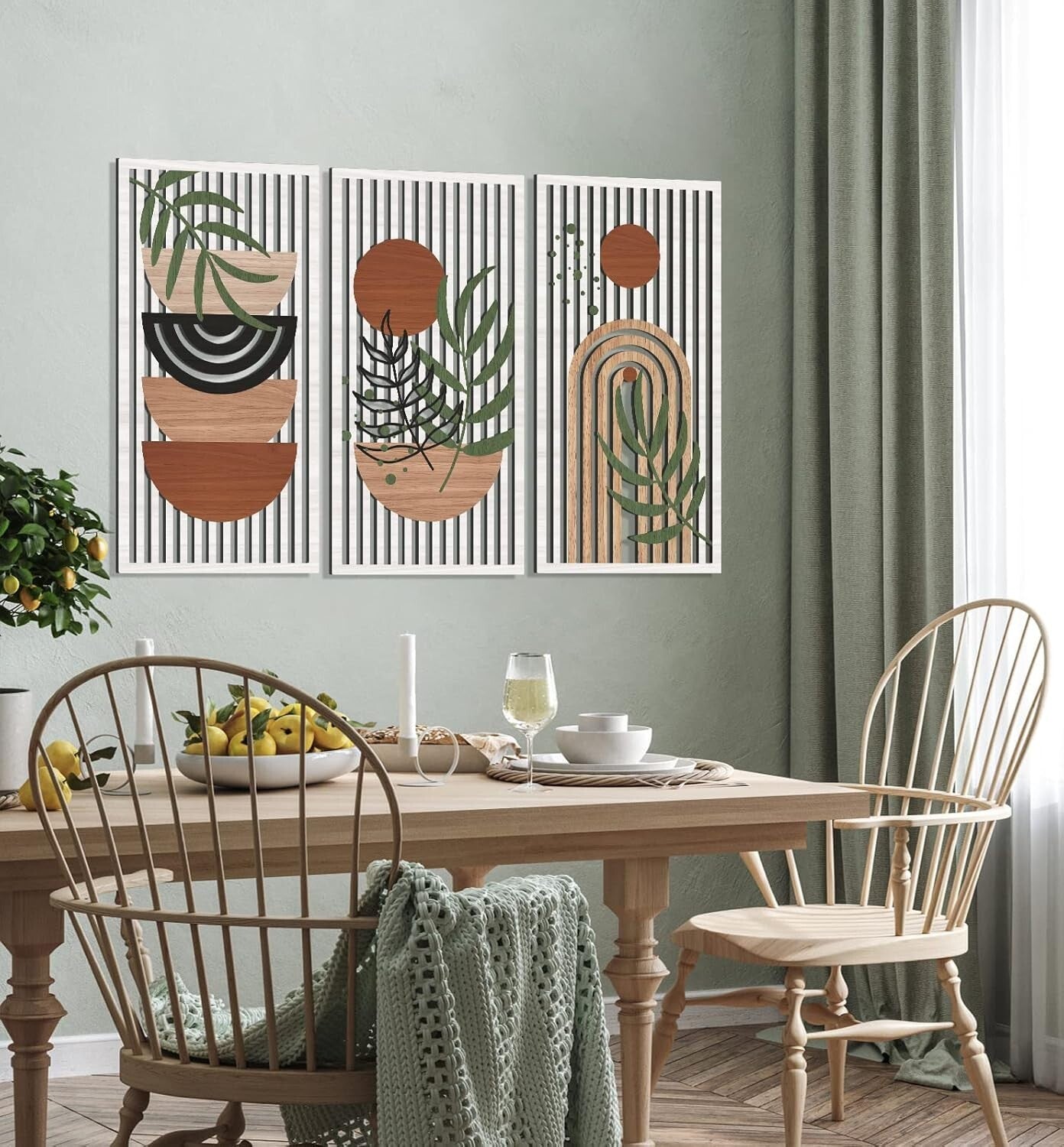 Mid Century Modern Hollow Wooden Wall Art Set - Sun, Moon, Plant Decor (32"x16")