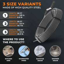 Load image into Gallery viewer, Heavy-Duty 50 FT Drain Snake with Video Guide - Master Your Plumbing Needs