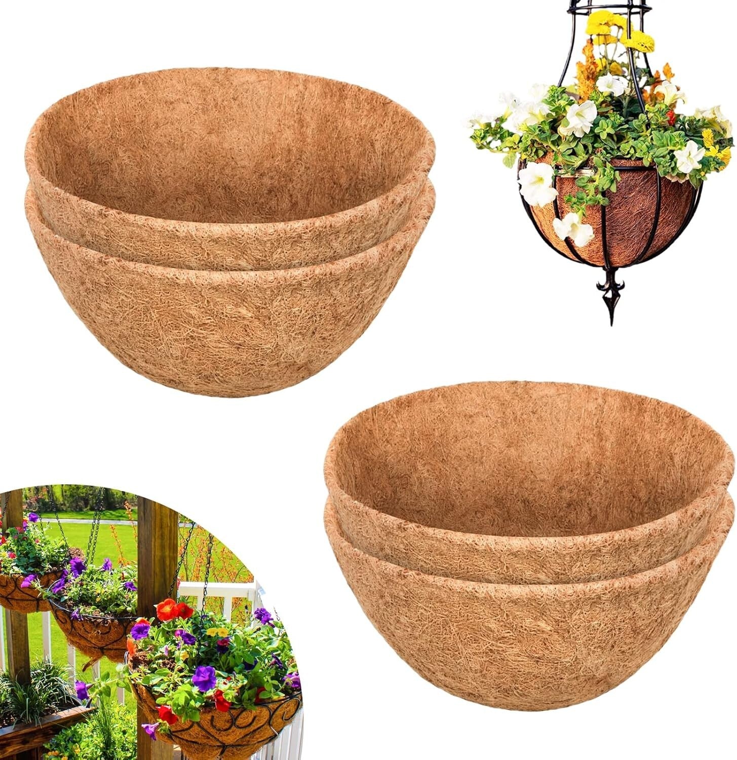4 Pack 20" Round Natural Coconut Coir Liners for Beautiful Hanging Baskets