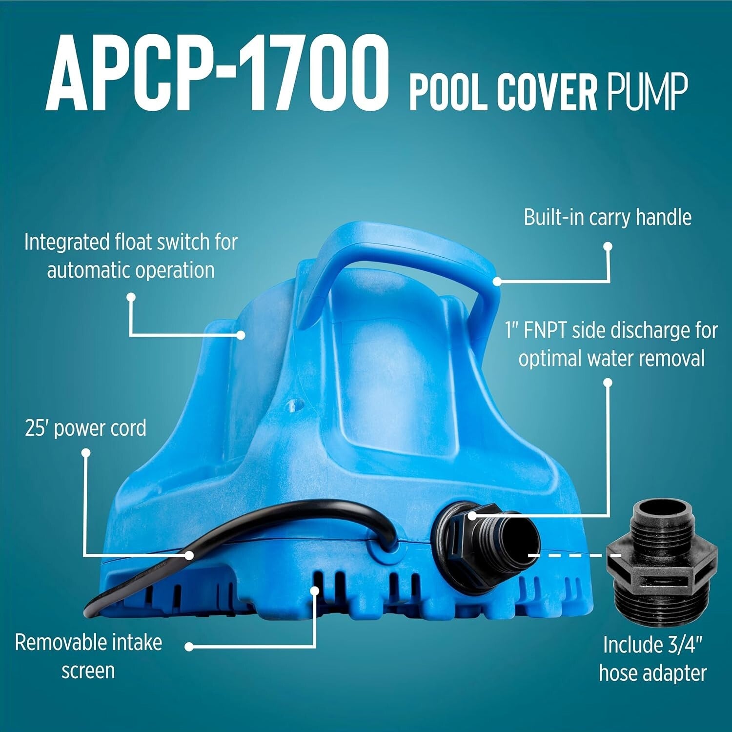 Reliable Submersible Pool Cover Pump, 1745 GPH, Automatic Operation, Light Blue