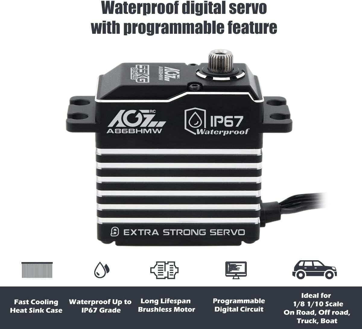 55KG High Torque Programmable Waterproof Brushless RC Servo Motor for 1/10 Cars