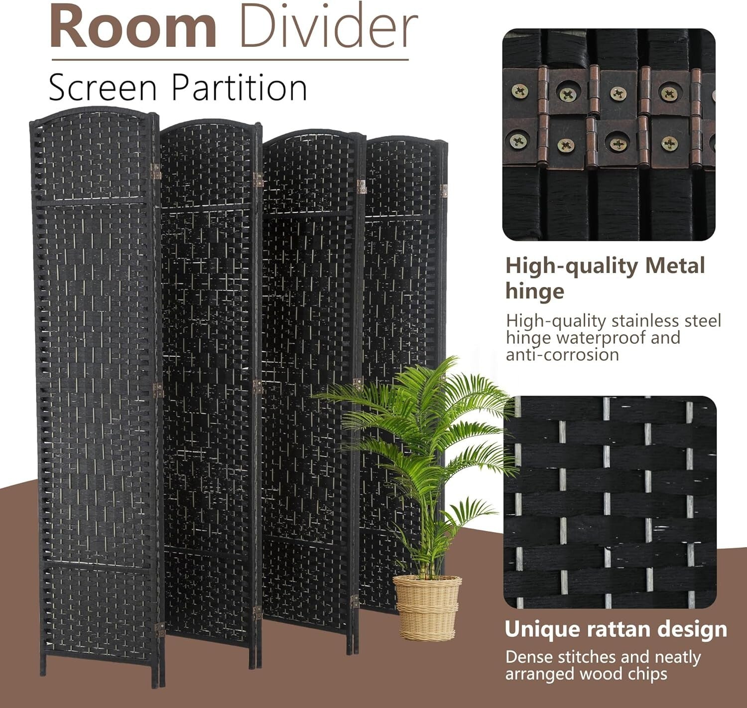 Elegant 8-Panel Room Divider - 6 Ft Black Portable Privacy Screen for Indoor Use