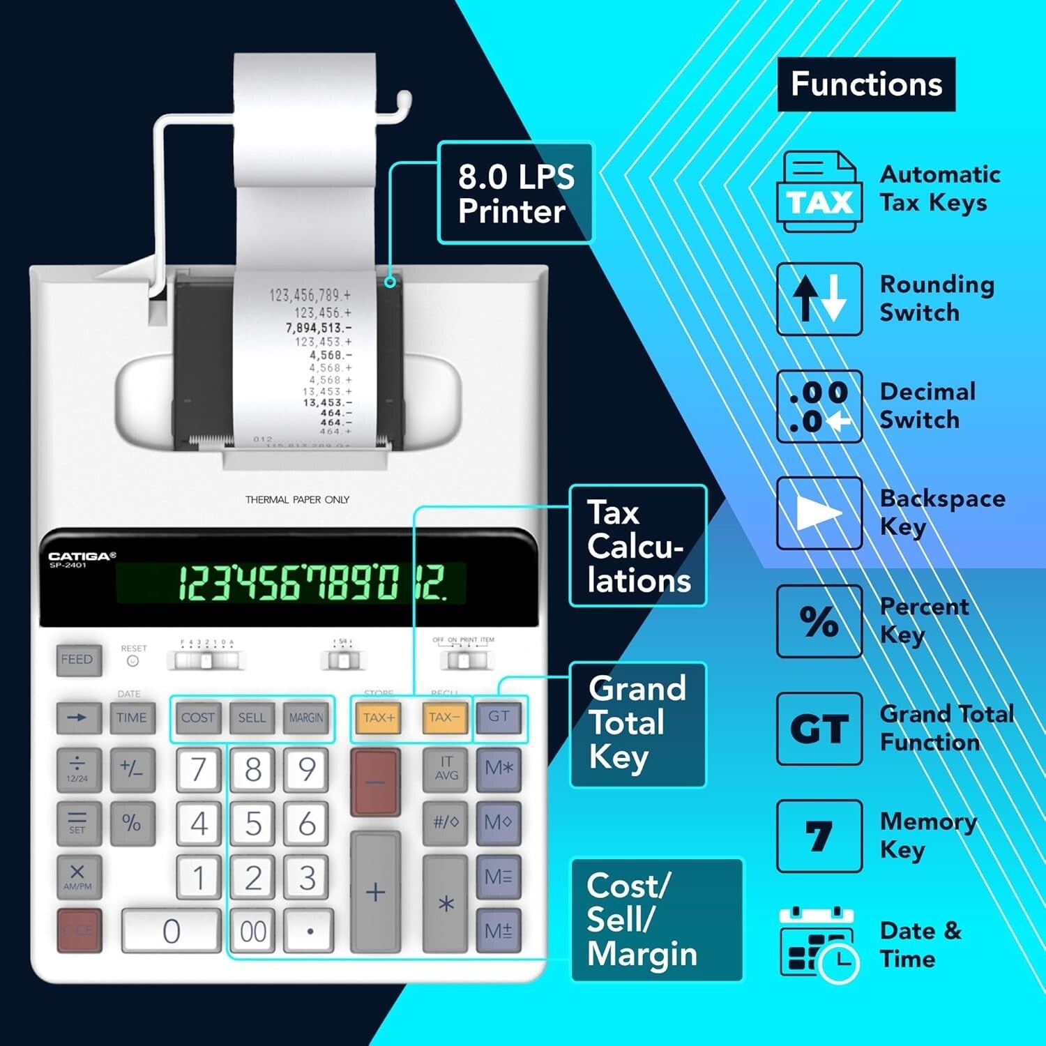12-Digit Thermal Printing Calculator with Fast Tape Output & Fluorescent Display