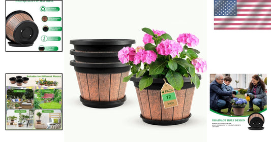 12-Inch Whiskey Barrel Plant Pots - Outdoor & Indoor Planters with Trays