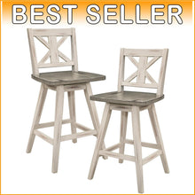 Load image into Gallery viewer, Set of 2 Rustic Solid Wood Swivel Counter Stools with Foot Rest - White Finish