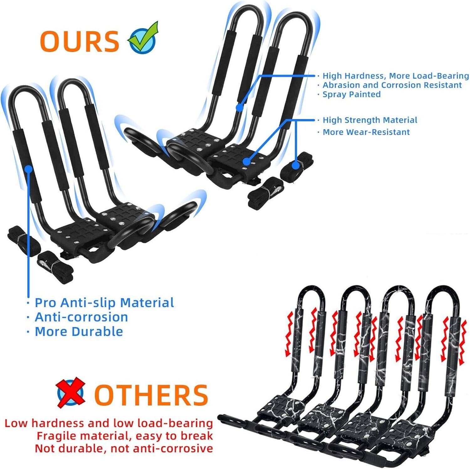 Durable Kayak Roof Rack Set of 4 - 2 Pairs J-Bar Carrier for SUVs and Trucks
