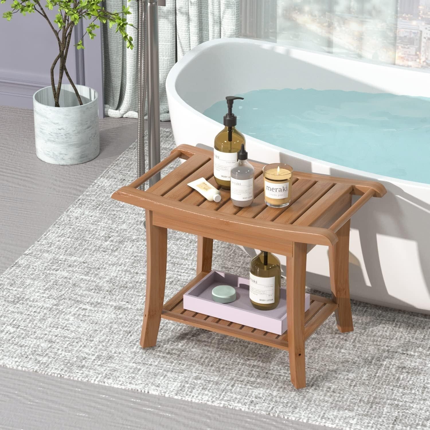 Waterproof Bamboo Shower Stool with Storage Shelf - Elegant Walnut Finish