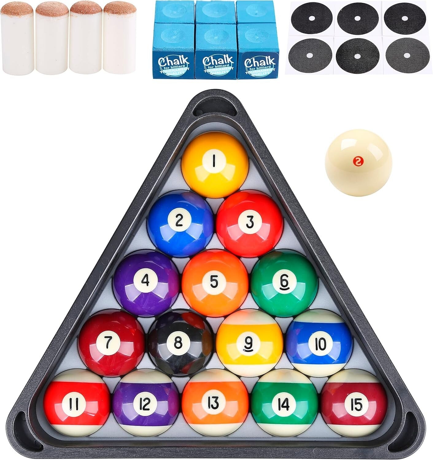 High Gloss Resin Billiard Balls with Durable Triangle Rack & Cue Chalks