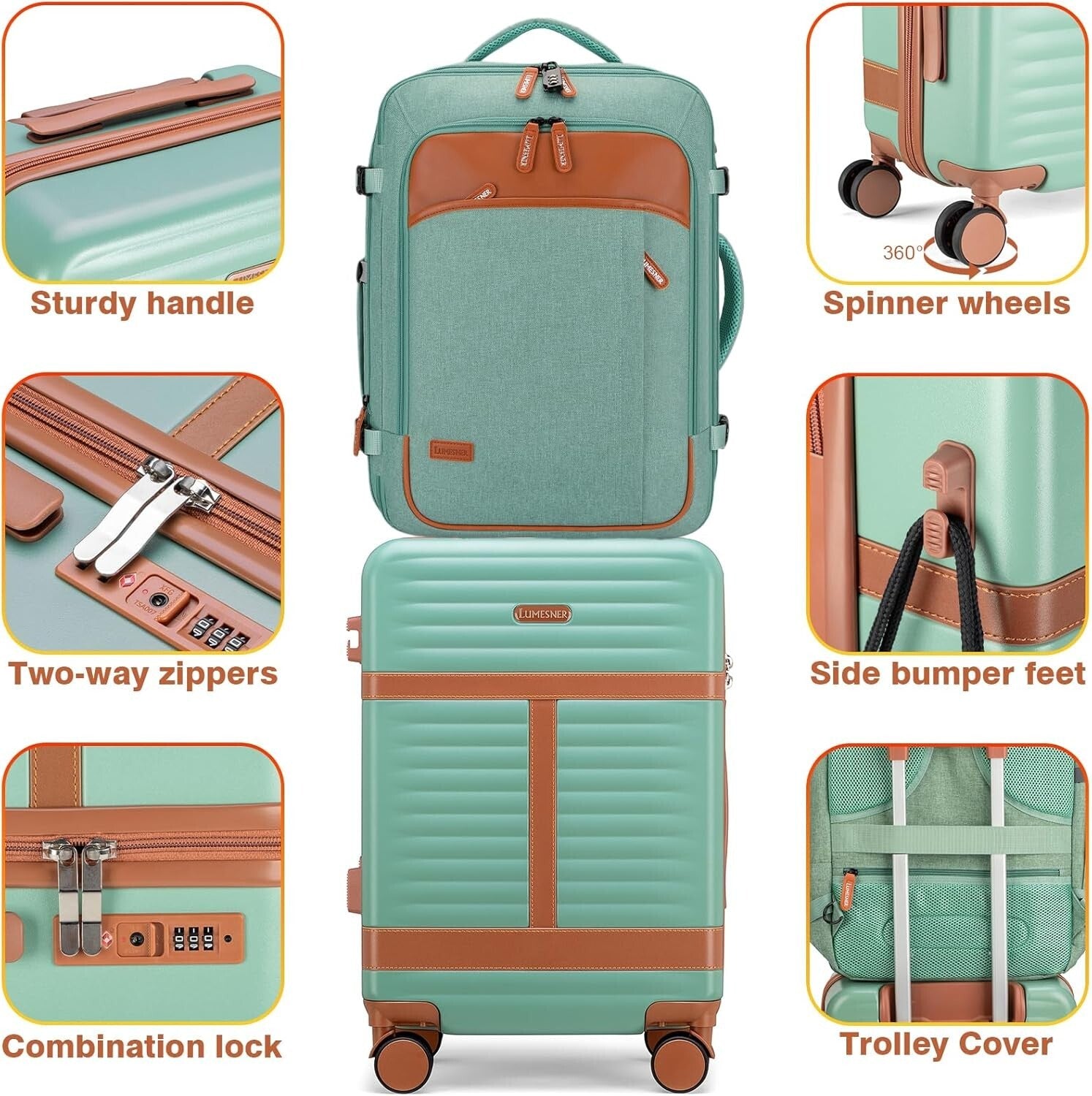 Durable 20 Inch Hardshell Carry On with Integrated 18 Inch Backpack & Organizer