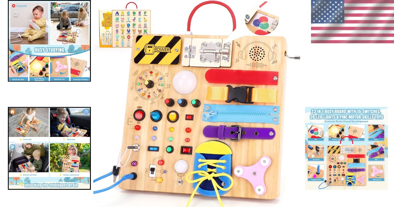 Travel-Friendly Montessori Busy Board with 15 Switches & 26 LED Lights for Kids