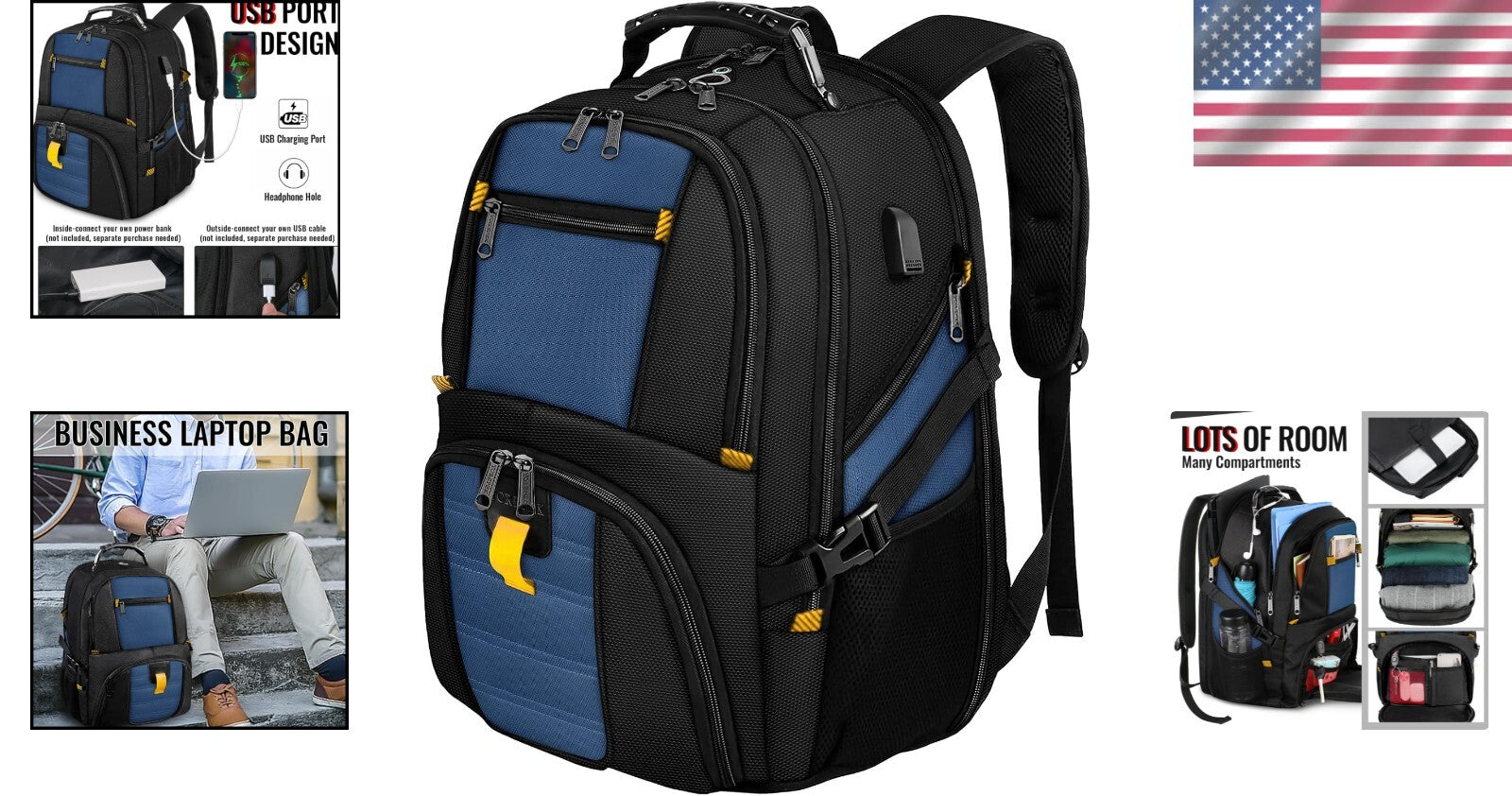 Large Water-Resistant College and Travel Backpack - 17” Laptop Carrier, Roy Blue