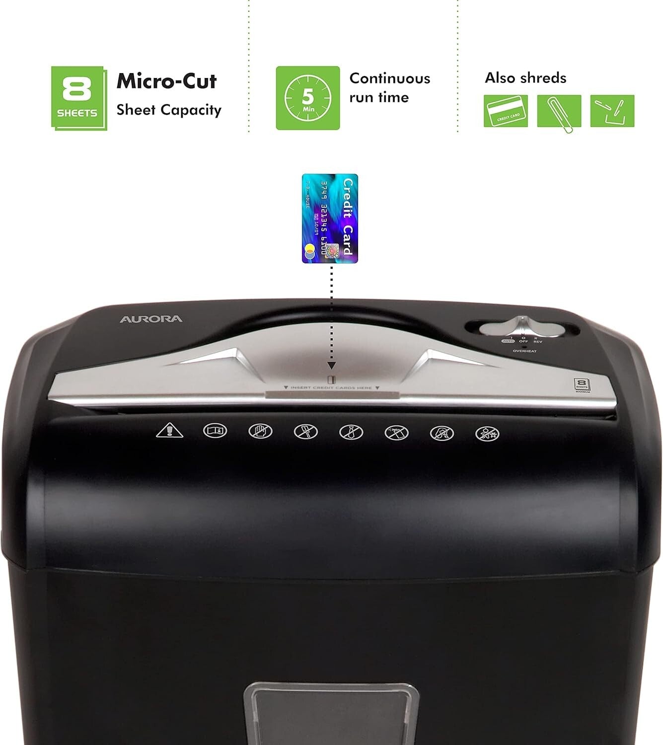 Thermal-Protected Micro-Cut Shredder for Office Use - 8 Sheets Capacity, Black