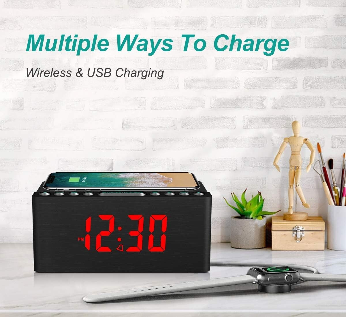 Chic Wooden Alarm Clock & Wireless Charging Dock with Adjustable Brightness