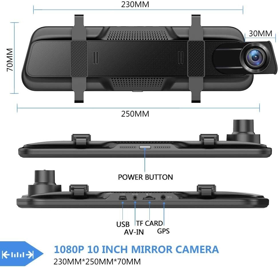 10-Inch Full HD Touchscreen Mirror Dash Cam - Waterproof Dual Lens with G-Sensor