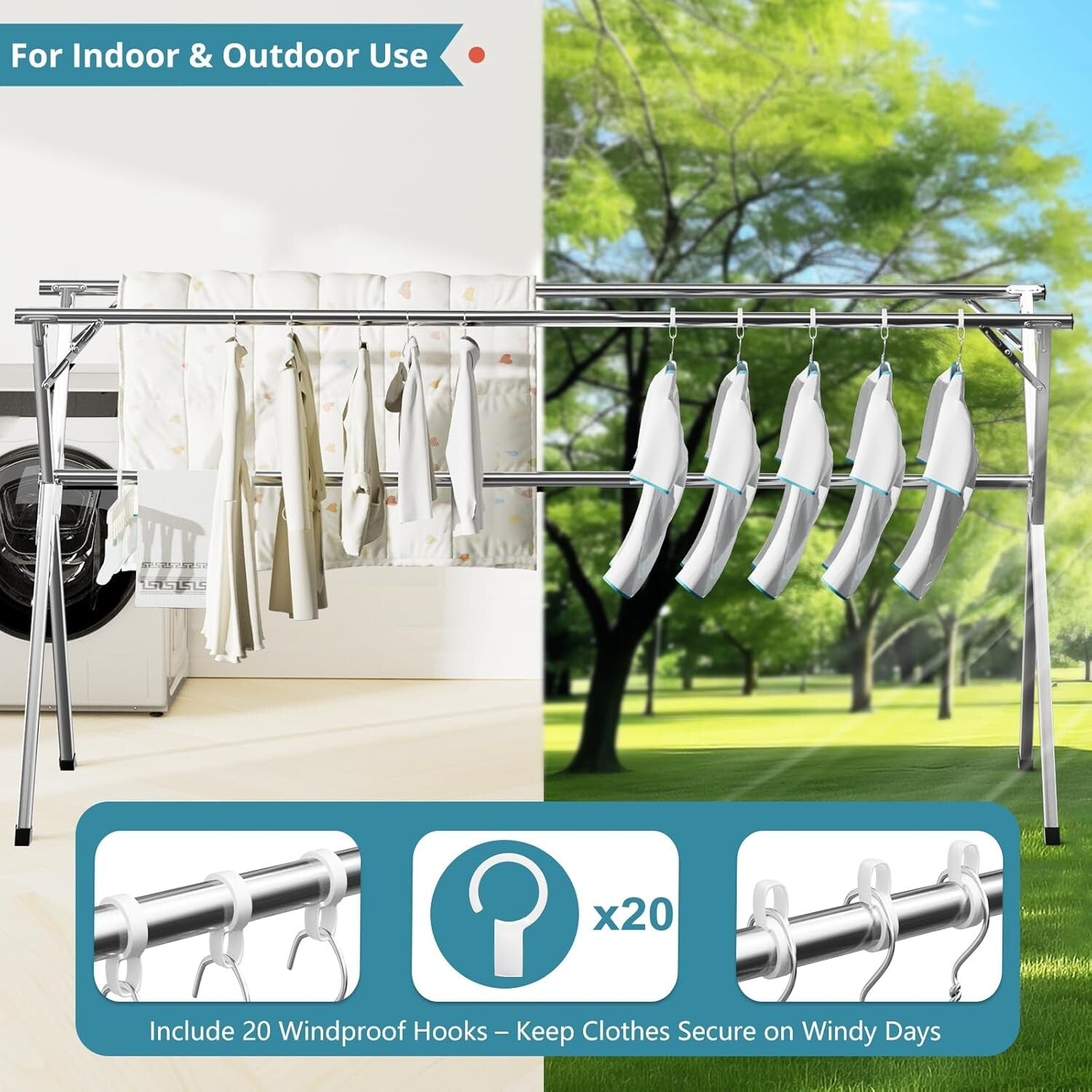 95-Inch Heavy Duty Stainless Steel Clothes Drying Rack with 20 Windproof Hooks