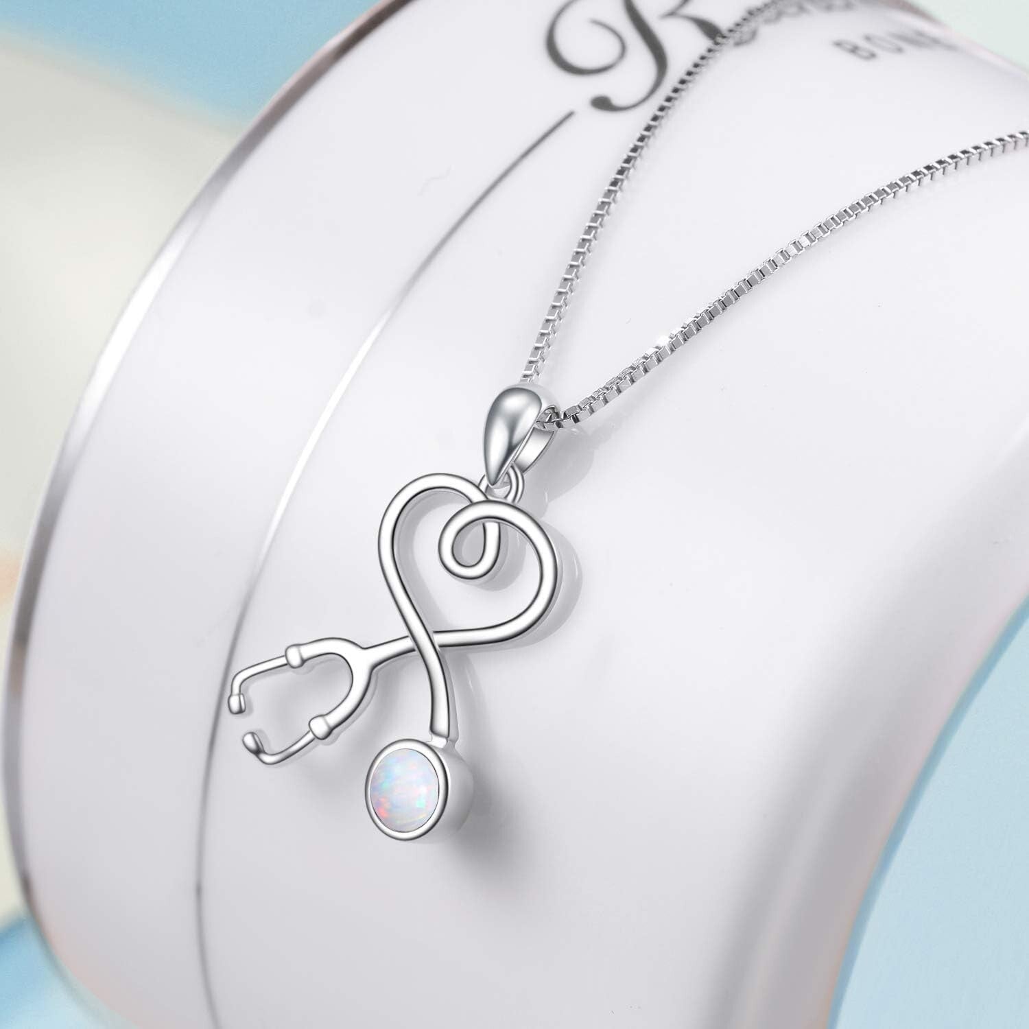Hypoallergenic Medical Jewelry: Stethoscope Necklace with Opal Birthstone Charm