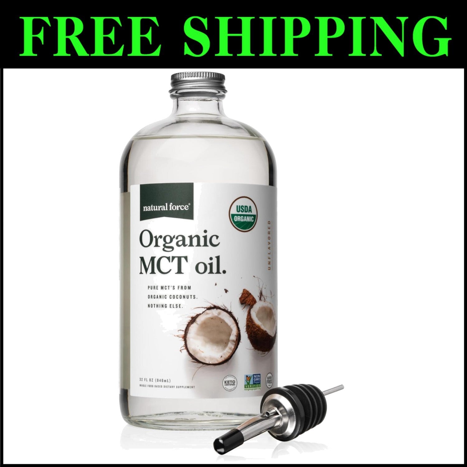 Organic MCT Oil - 32oz Glass Bottle, High-Quality Coconut Oil with 14g MCT
