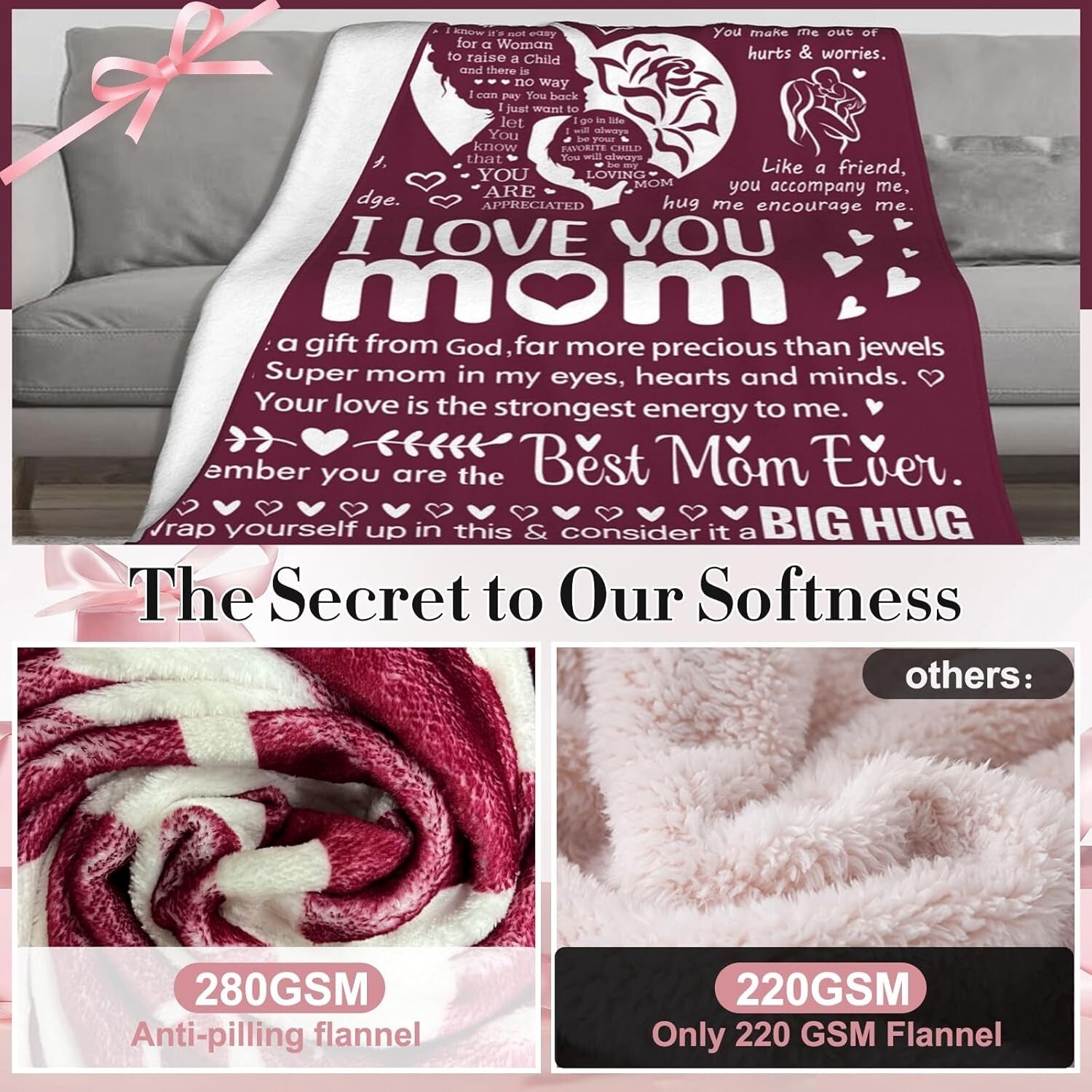 Premium I Love You Mom Blanket - Cozy, Machine Washable, Perfect for All Seasons